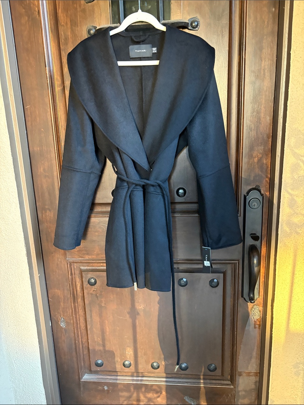 Tahari Black Belted Wool-Blend Shawl Collar Trench Coat